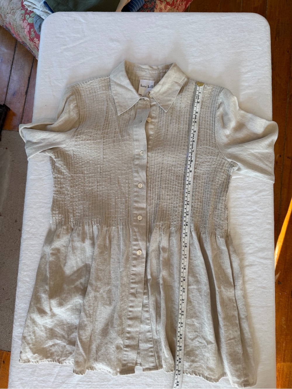 Women’s Kate Hill Linen Long Sleeve Vertical Pin Tuck Pleated Tan Blouse PXS - Picture 8 of 11